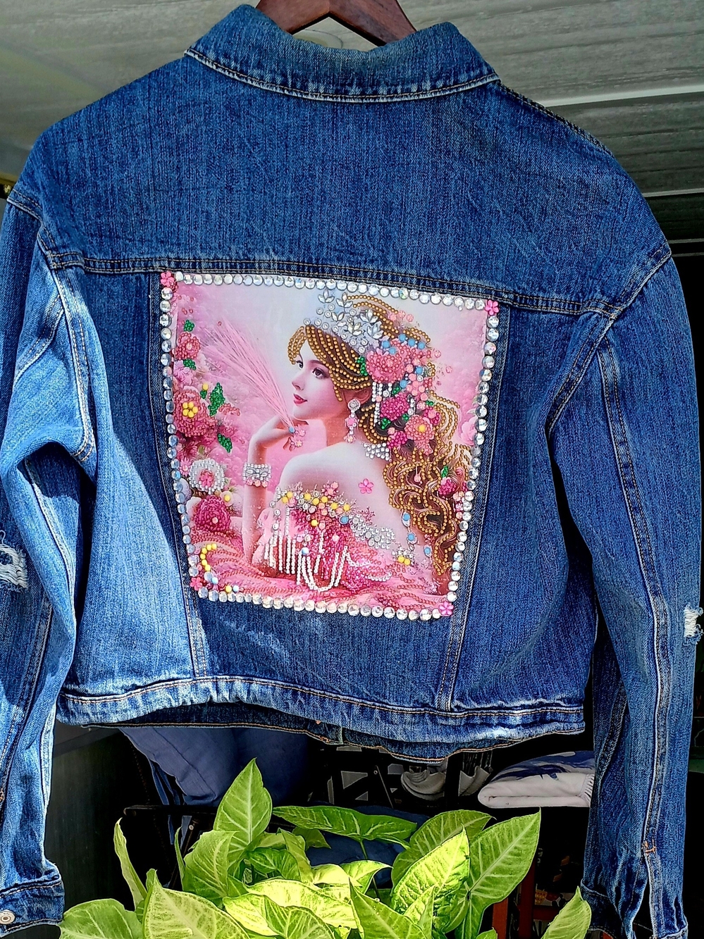 Womens Old Navy Blue Denim Jacket with Pink Beaded Art Panel